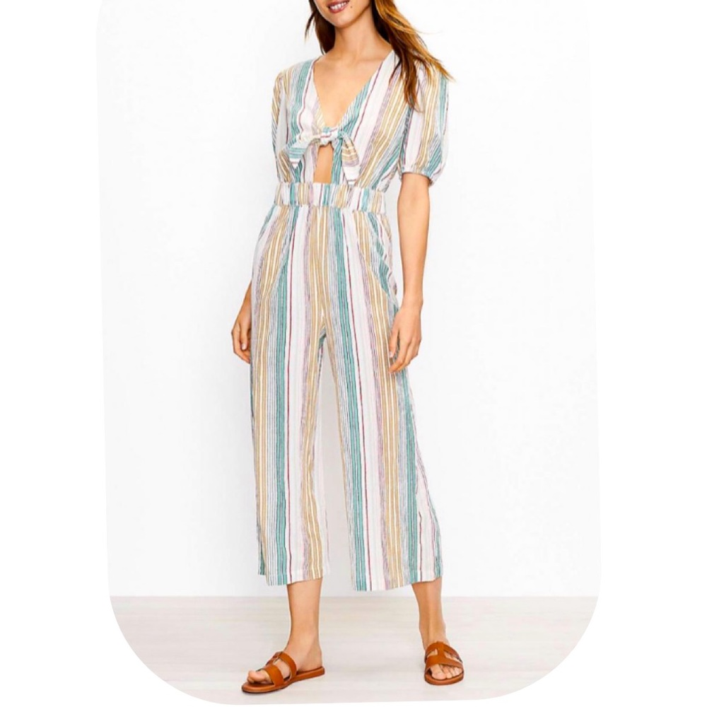 LOFT Beach Striped Tie Front Wide Leg Jumpsuit Whisper White Womens XL NWT